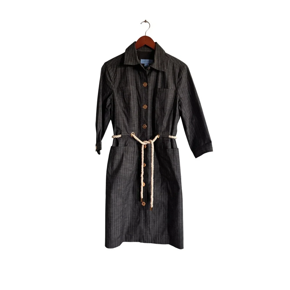 Doncaster Sport Womens‎ Pinstripe Shirt Dress 14 Grey Rope Belt Nautical Midi